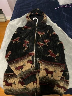 Black Horse Pattern Zip-Up Hoodie